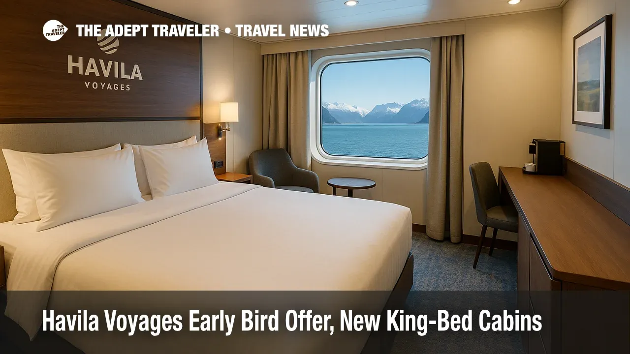 A Seaview Superior King cabin on a Havila Voyages ship shows a king-size bed and large window on a Norwegian coastal cruise.