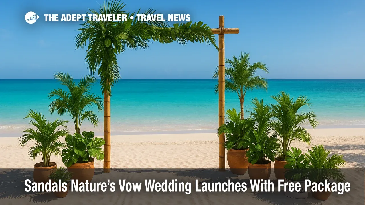 A Nature's Vow wedding setup with potted palms and bamboo textures on a Caribbean beach at Sandals, pairing eco-friendly wedding style with elegance.