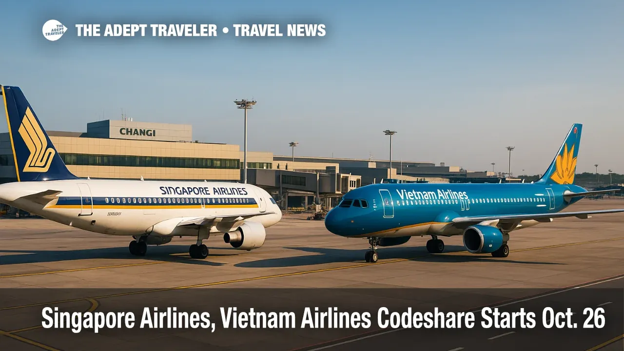 A Singapore Airlines jet and a Vietnam Airlines jet at Singapore Changi gates, illustrating the new codeshare agreement and added Singapore-Vietnam connectivity.