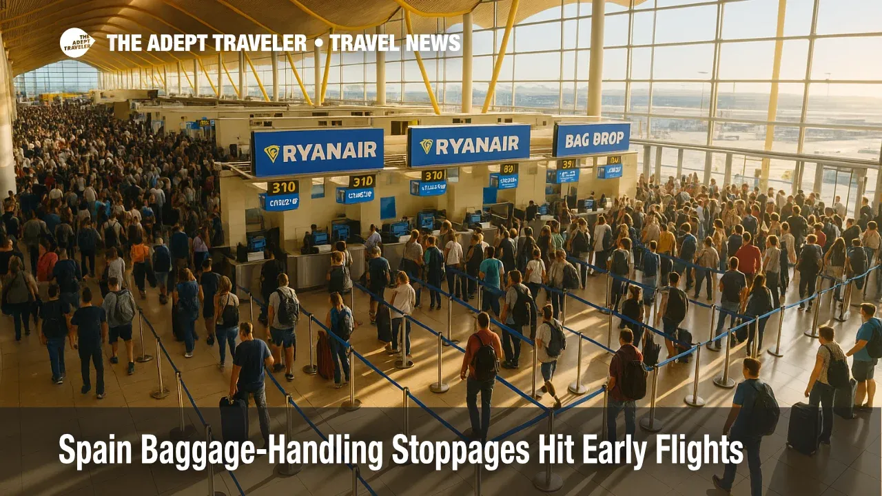 Morning crowds queue at Ryanair bag-drop during Spain baggage-handling stoppages, with counters open but lines stretching across the terminal.