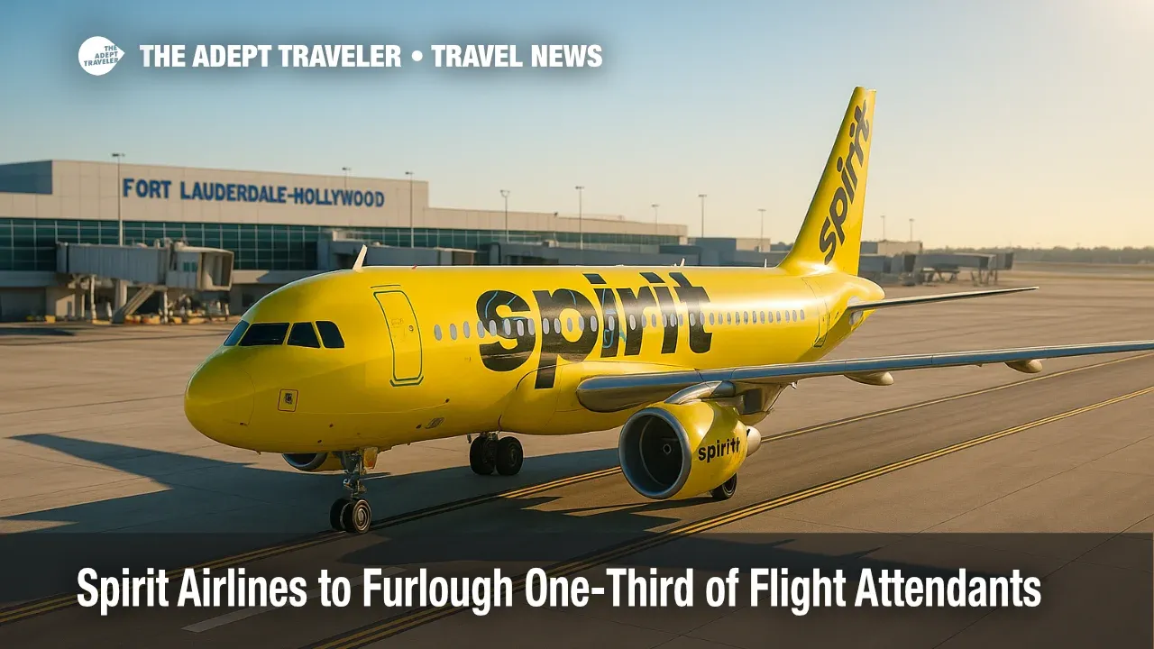 A Spirit Airlines A320 taxiing near gates under clear skies, illustrating Chapter 11 restructuring and Spirit Airlines furloughs flight attendants.