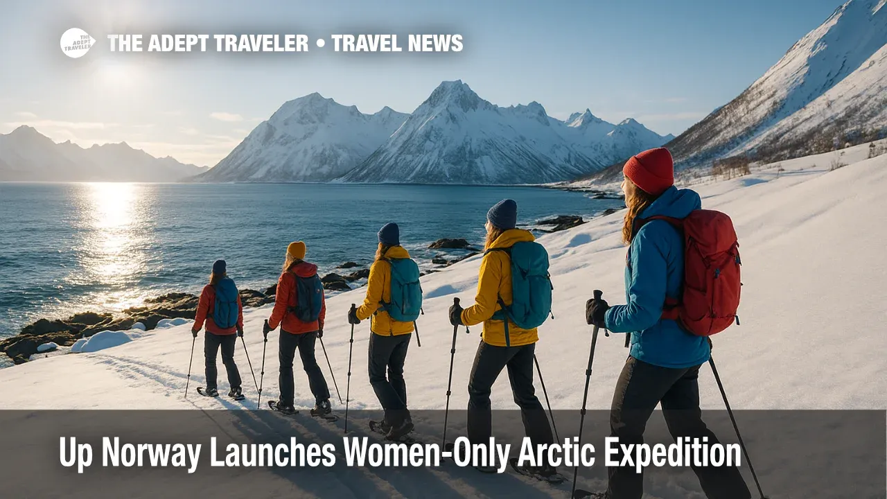 A small group snowshoes along Senja's snowy coast under clear skies during a women-only Arctic expedition.