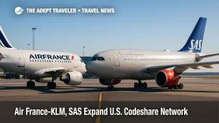 Air France and SAS jets at Copenhagen gate under clear skies, illustrating the expanded Air France-KLM SAS codeshare on transatlantic flights.