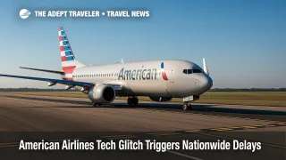 merican Airlines jet stopped on the runway centerline during a tech glitch delay, bright late-morning sun and clear sky at DFW.