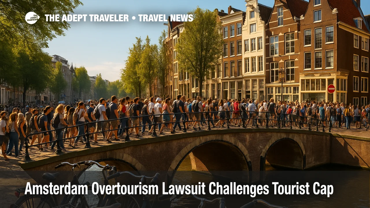 Crowds cross an Amsterdam canal bridge during peak season, illustrating the Amsterdam overtourism lawsuit and the city's tourism cap debate.