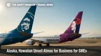 Alaska and Hawaiian aircraft tails at a sunlit ramp promote the Atmos for Business small-business travel program launch.