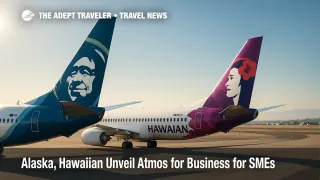Alaska and Hawaiian aircraft tails at a sunlit ramp promote the Atmos for Business small-business travel program launch.