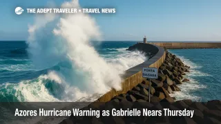 Powerful waves smash a Ponta Delgada breakwater as Hurricane Gabrielle nears, illustrating the Azores hurricane warning and rip current risk.