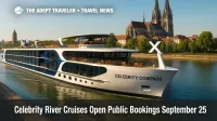 A modern river ship with open decks and Magic Edge dining pods glides past a European city, highlighting celebrity river cruises in 2027.