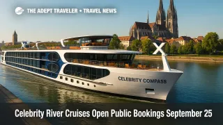 A modern river ship with open decks and Magic Edge dining pods glides past a European city, highlighting celebrity river cruises in 2027.
