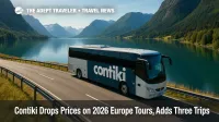 Contiki coach on a scenic European lakeside road highlights new savings on Contiki 2026 Europe tours and flexible payment options.