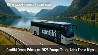 Contiki coach on a scenic European lakeside road highlights new savings on Contiki 2026 Europe tours and flexible payment options.