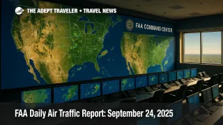 A wide view of the FAA Command Center operations floor with active radar displays, illustrating the FAA daily air traffic report conditions.