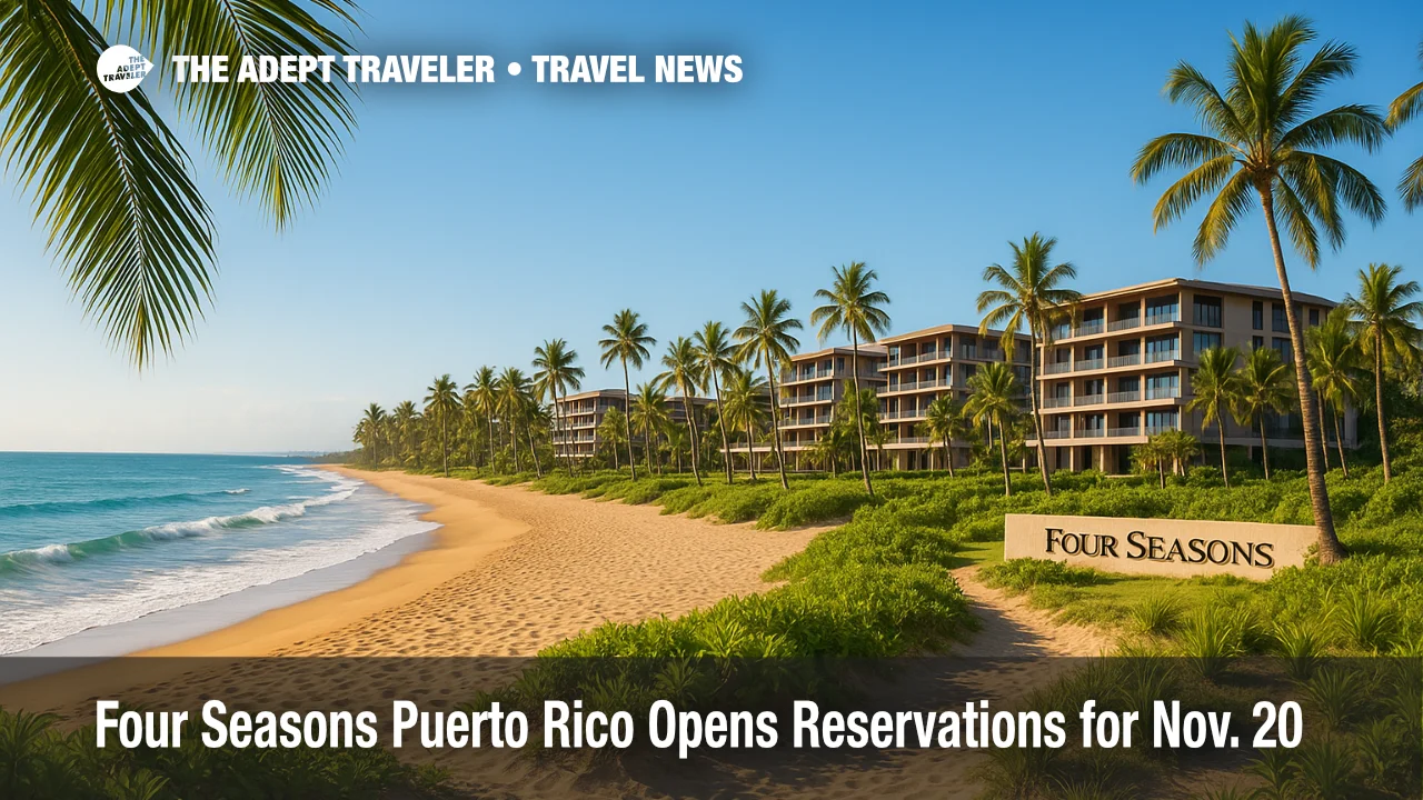 A quiet Bahía Beach shoreline at Four Seasons Puerto Rico, with palms, golden sand, and gentle surf highlighting the luxury resort's nature-reserve setting.