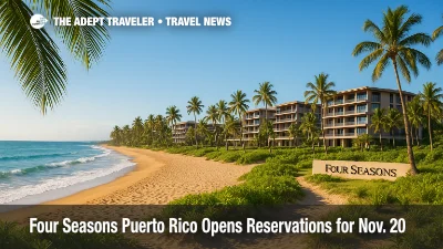 A quiet Bahía Beach shoreline at Four Seasons Puerto Rico, with palms, golden sand, and gentle surf highlighting the luxury resort's nature-reserve setting.