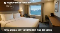 A Seaview Superior King cabin on a Havila Voyages ship shows a king-size bed and large window on a Norwegian coastal cruise.