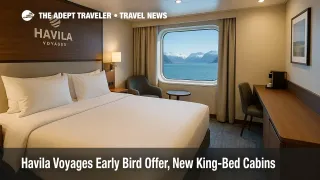 A Seaview Superior King cabin on a Havila Voyages ship shows a king-size bed and large window on a Norwegian coastal cruise.
