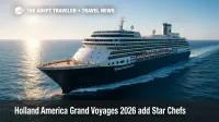 Holland America ship at sea with sunlit wake, illustrating Holland America Grand Voyages 2026 and onboard Culinary Ambassador experiences.