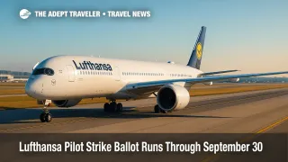 A Lufthansa wide-body jet taxis on a sunny morning, illustrating the Lufthansa pilot strike ballot and potential October travel disruptions.