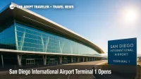 New San Diego International Airport Terminal 1 with glass façade, 19-gate phase one, and modern curb-to-gate airport terminal upgrades.