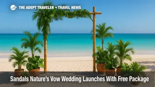 A Nature's Vow wedding setup with potted palms and bamboo textures on a Caribbean beach at Sandals, pairing eco-friendly wedding style with elegance.