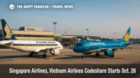 A Singapore Airlines jet and a Vietnam Airlines jet at Singapore Changi gates, illustrating the new codeshare agreement and added Singapore-Vietnam connectivity.