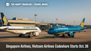 A Singapore Airlines jet and a Vietnam Airlines jet at Singapore Changi gates, illustrating the new codeshare agreement and added Singapore-Vietnam connectivity.