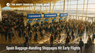 Morning crowds queue at Ryanair bag-drop during Spain baggage-handling stoppages, with counters open but lines stretching across the terminal.