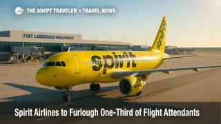 A Spirit Airlines A320 taxiing near gates under clear skies, illustrating Chapter 11 restructuring and Spirit Airlines furloughs flight attendants.