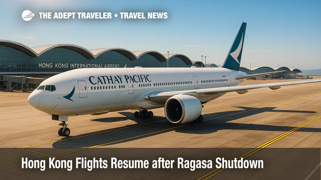 A Cathay Pacific wide-body taxis at Hong Kong International Airport as operations restart after Ragasa, illustrating rebooking policies and recovery.