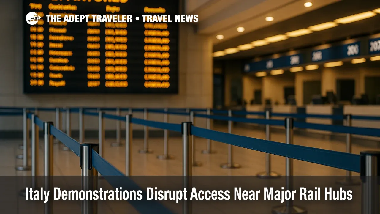 Crowd-control barriers at Milano Centrale with blurred flags and traffic detours, illustrating Italy demonstrations causing rail-access delays.