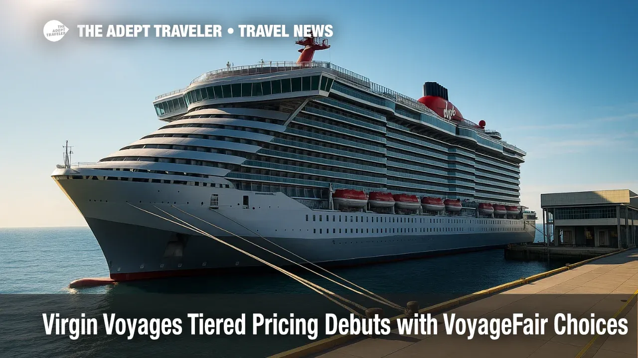 Virgin Voyages ship at a sunlit pier with terminal in view, illustrating tiered pricing, VoyageFair Choices, and clearer booking transparency.