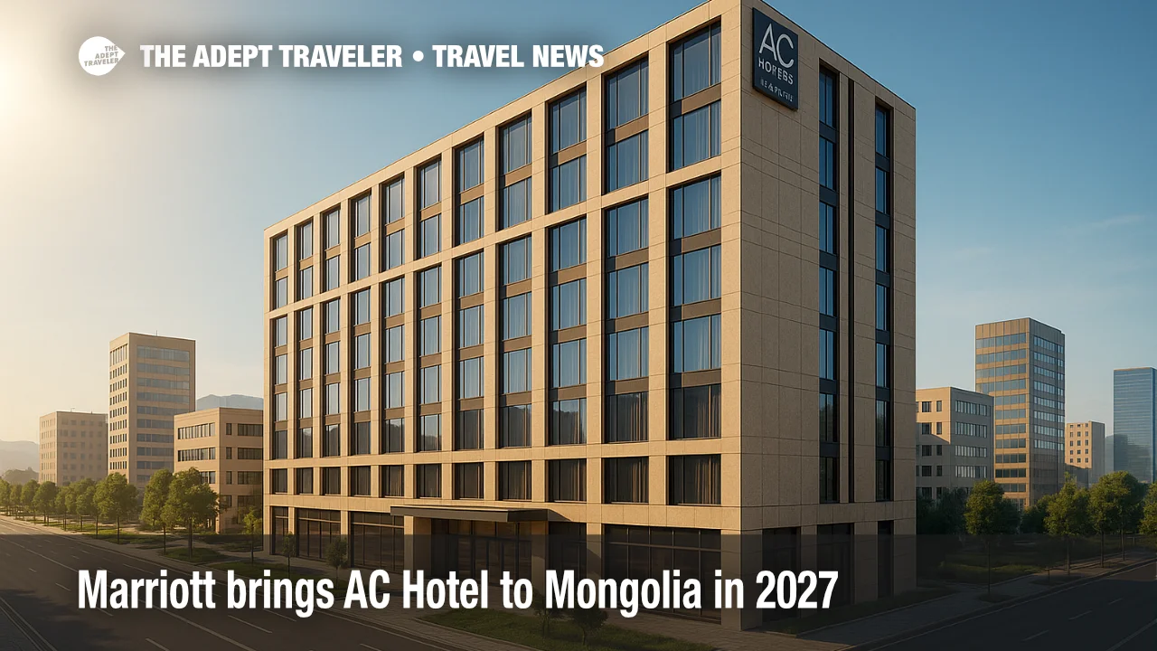 Modern AC Hotel Ulaanbaatar exterior along Buyant-Ukhaa Road in Khan Uul District, illustrating a new AC Hotels by Marriott opening in Mongolia.
