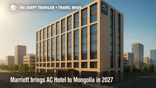 Modern AC Hotel Ulaanbaatar exterior along Buyant-Ukhaa Road in Khan Uul District, illustrating a new AC Hotels by Marriott opening in Mongolia.