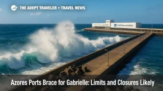 Large Atlantic swells batter an Azores harbor breakwater as Hurricane Gabrielle approaches, forcing tender limits and Azores ports closures.