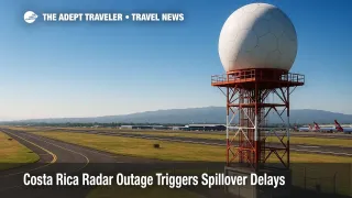 Radar dome beside the runway at SJO under clear skies, illustrating Costa Rica radar outage and resulting flight delays affecting connections.