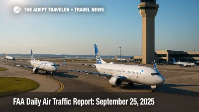 Airfield scene with multiple jets taxiing near a control tower under bright skies, illustrating the FAA daily air traffic report and potential ground delay program impacts.