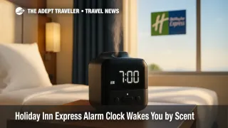 Bedside diffuser alarm on a Holiday Inn Express nightstand emits steam, illustrating the scent-based alarm clock concept tied to free breakfast.