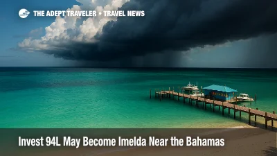 Dark squall clouds build over turquoise Bahamian water as a tropical disturbance nears, signaling possible Invest 94L development near the Bahamas.