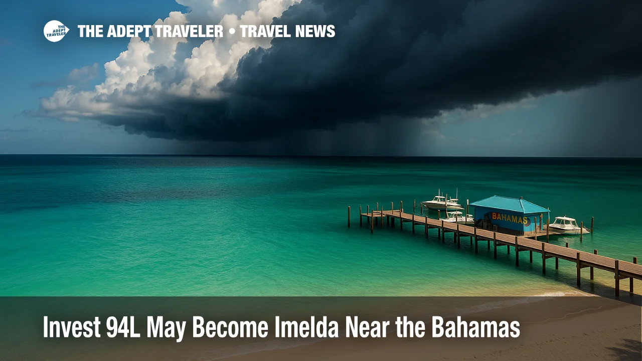 Dark squall clouds build over turquoise Bahamian water as a tropical disturbance nears, signaling possible Invest 94L development near the Bahamas.