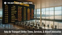 Airport departures board in Italy showing delays during an Italy air transport strike, with travelers navigating minimum-service rules and guaranteed flights.