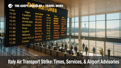 Airport departures board in Italy showing delays during an Italy air transport strike, with travelers navigating minimum-service rules and guaranteed flights.