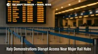 Crowd-control barriers at Milano Centrale with blurred flags and traffic detours, illustrating Italy demonstrations causing rail-access delays.