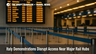 Crowd-control barriers at Milano Centrale with blurred flags and traffic detours, illustrating Italy demonstrations causing rail-access delays.
