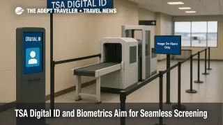 A modern TSA digital ID checkpoint shows touchless scanners and lanes, illustrating biometrics and AI-enabled screening for faster airport travel.