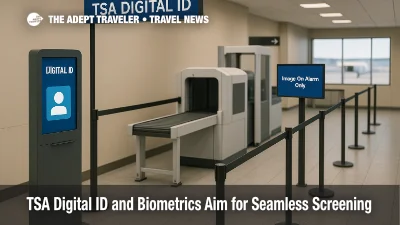 A modern TSA digital ID checkpoint shows touchless scanners and lanes, illustrating biometrics and AI-enabled screening for faster airport travel.