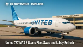 United 737 MAX 8 at Guam's terminal under clear skies, highlighting the United 737 MAX 8 Guam fleet upgrade and the hub's refreshed passenger experience.