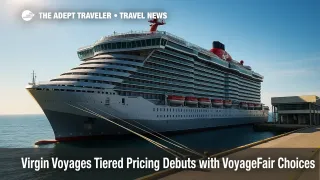 Virgin Voyages ship at a sunlit pier with terminal in view, illustrating tiered pricing, VoyageFair Choices, and clearer booking transparency.