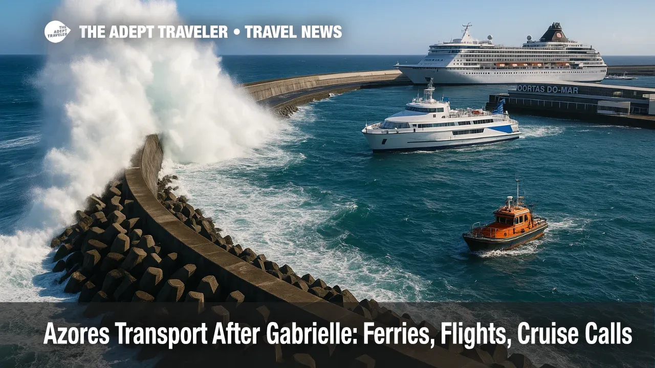 Large Atlantic swells batter Ponta Delgada breakwater as ferries and cruise tenders face limits after Gabrielle in the Azores.