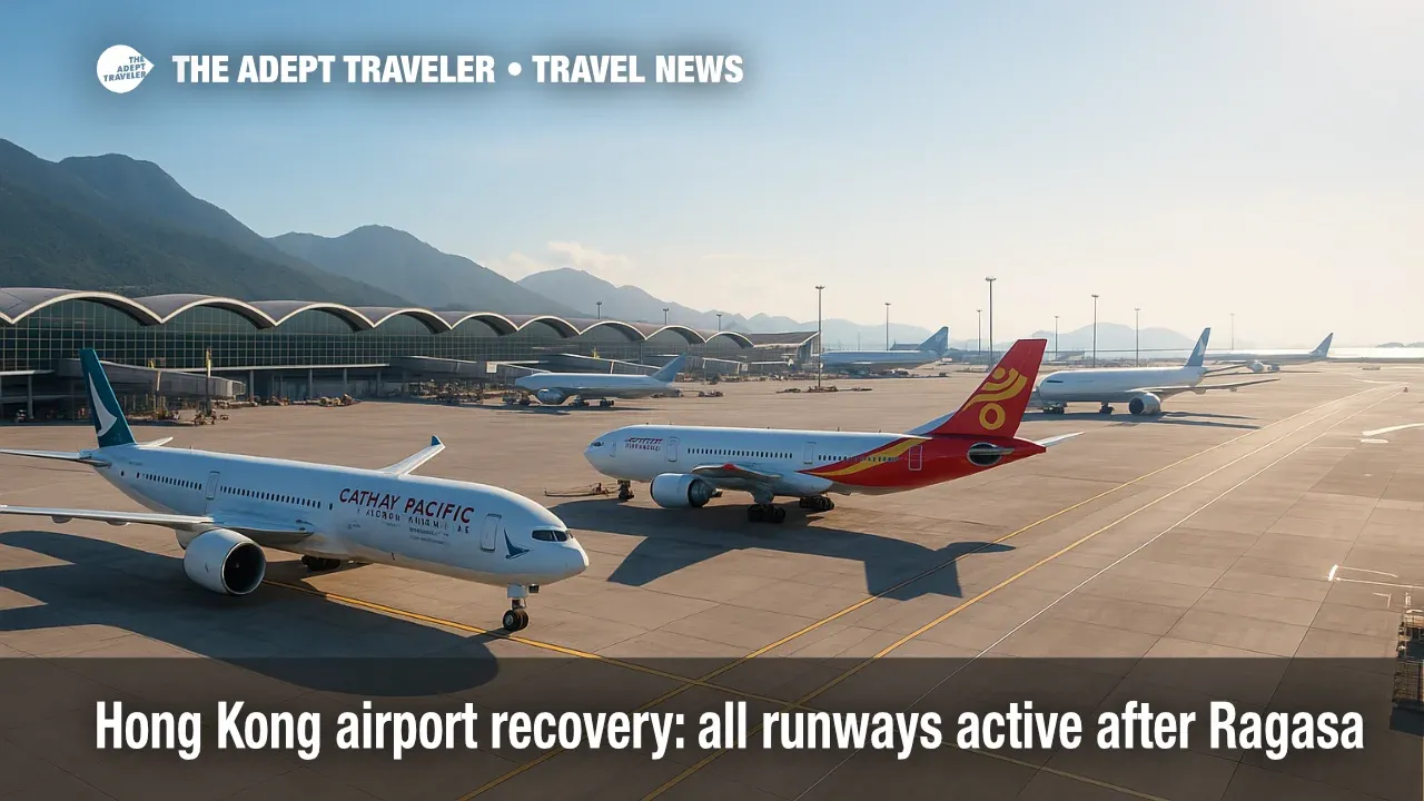 Widebody aircraft taxi and park at Hong Kong International Airport as operations ramp up during the Hong Kong airport recovery after Ragasa.